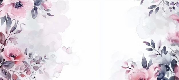 Pink flowers and leaves painted in watercolor on white background