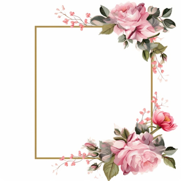 Photo pink flowers and leaves in a square frame on a white background