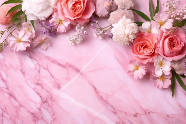 Pink flowers on a marble background