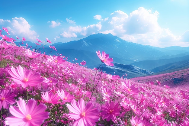 Pink flowers under mountains a beautiful natural landscape