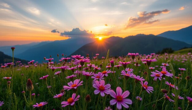 Photo pink flowers in the mountains with sunset