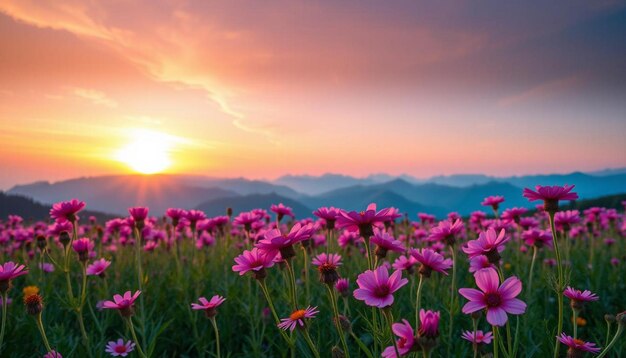 Photo pink flowers in the mountains with sunset