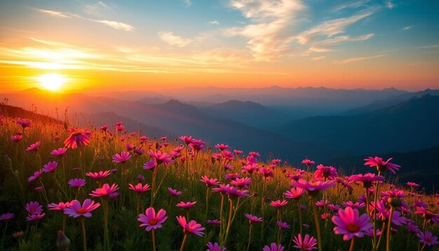 Photo pink flowers in the mountains with sunset