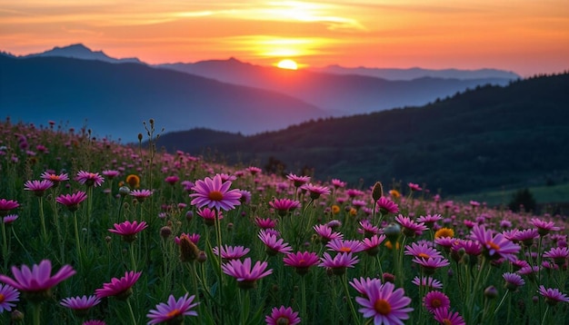 Photo pink flowers in the mountains with sunset