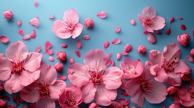 Photo pink flowers and petals on a blue background