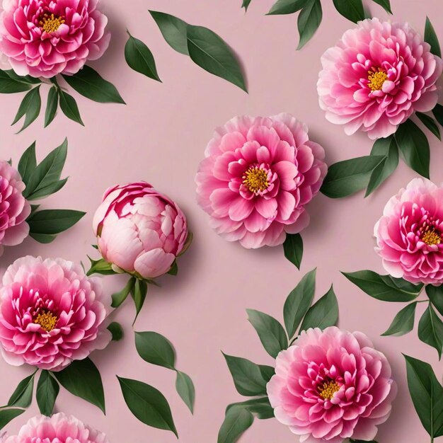 Photo pink flowers on a pink background with green leaves and pink flowers