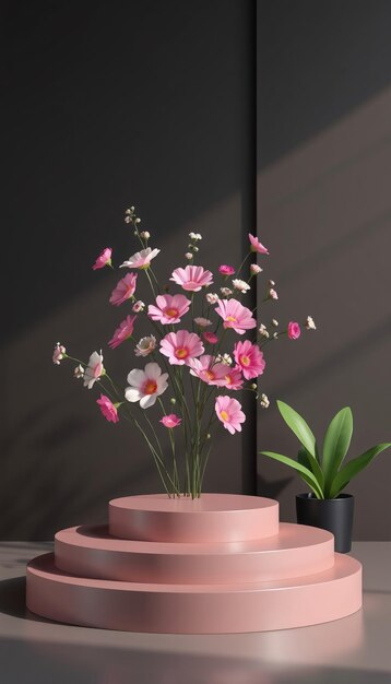 Photo pink flowers on pink podium with green plant