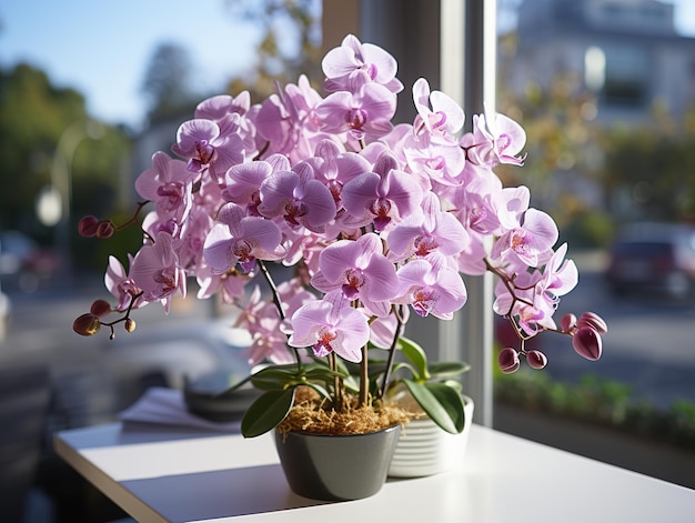 pink flowers in a pot on the windowsill Generative AI