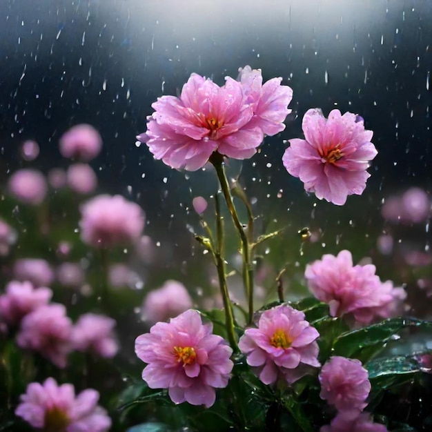 pink flowers in the rain with rain drops on them