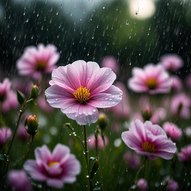 pink flowers in the rain