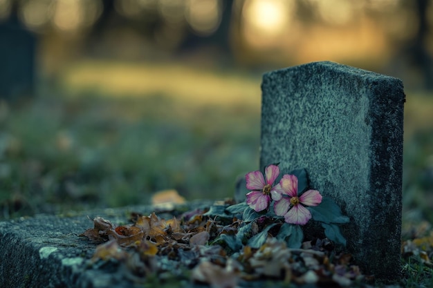 Photo pink flowers resting on a weathered tombstone in a cemetery