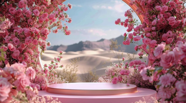 Pink Flowers Surround White Pedestal