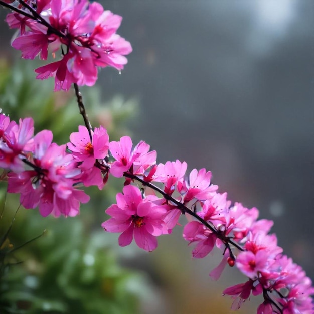 pink flowers that are outside in the rain