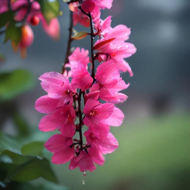 pink flowers that are outside with rain drops on them