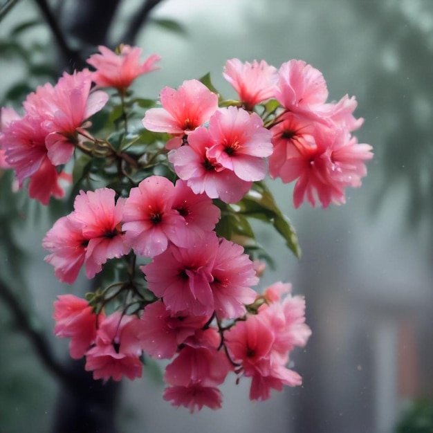 pink flowers on a tree outside in the rain