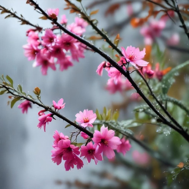 pink flowers on a tree with waterfall in the background