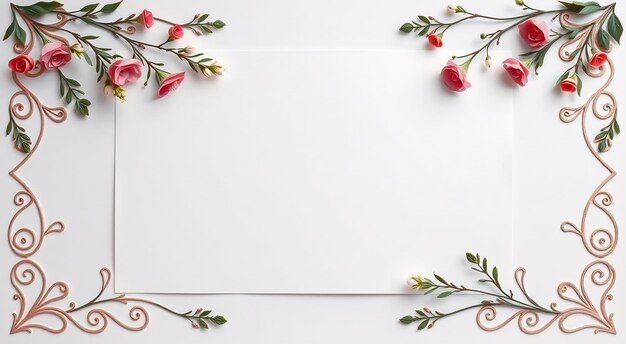 Photo pink flowers and twigs surrounding a white square on a white background