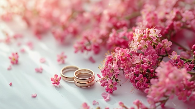 Photo pink flowers and two golden wedding rings on white background