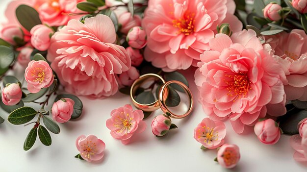 Photo pink flowers and two golden wedding rings on white background