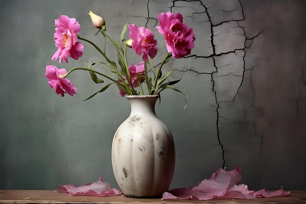 Pink Flowers in Vase Against Brick Wall