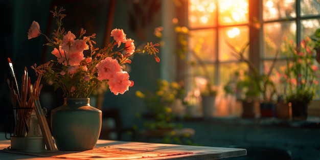 Pink Flowers in a Vase on a Table