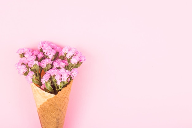 Pink flowers in a waffle cone for ice cream on a pink background. 