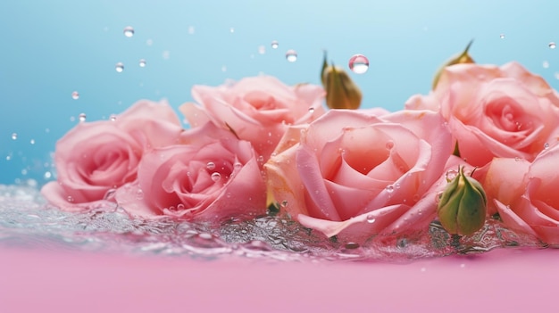 Pink flowers in water with drips on a summer background minimalist abstract natural background GENERATE AI