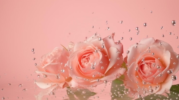 Pink flowers in water with drips on a summer background minimalist abstract natural background GENERATE AI