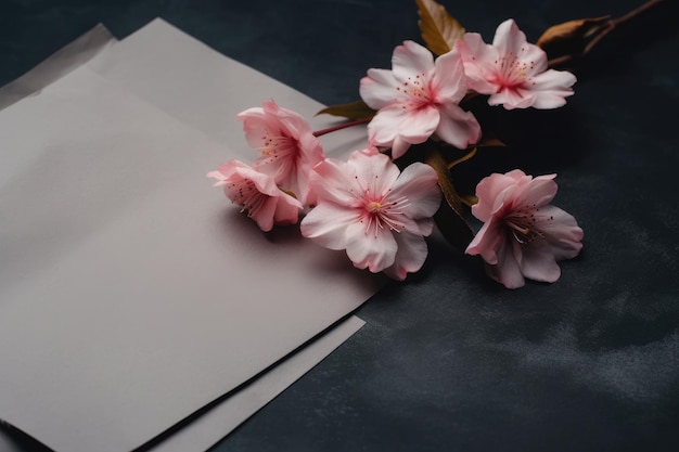 Pink Flowers And White Paper With Copy Space Over Gray Background Generative AI