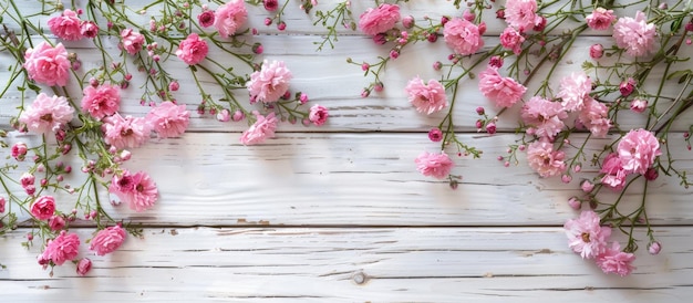 Pink Flowers on Whitewashed Wooden Background