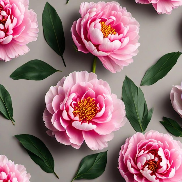 Photo pink flowers with green leaves and pink leaves on a gray background