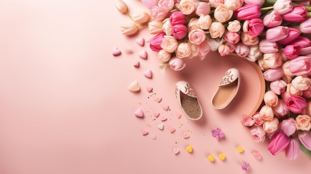 Pink flowers with a pair of shoes on a pink background