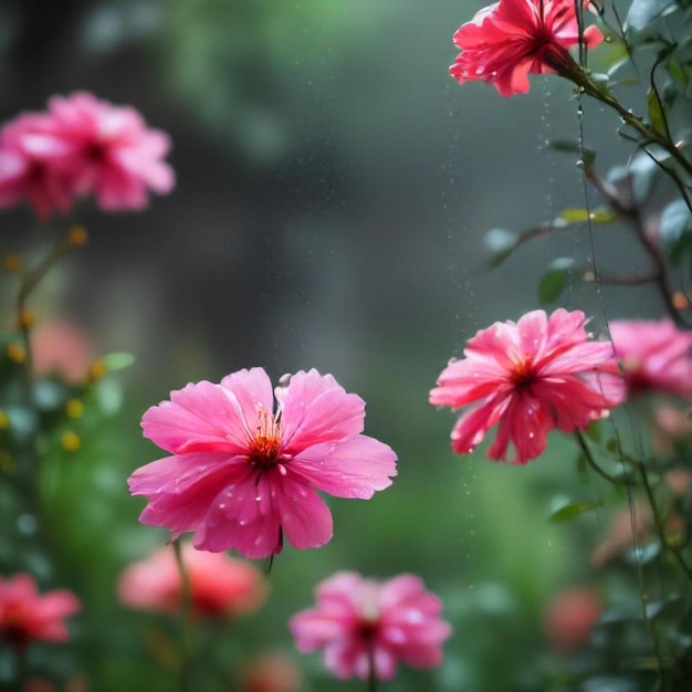 pink flowers with rain drops on them and a spider web