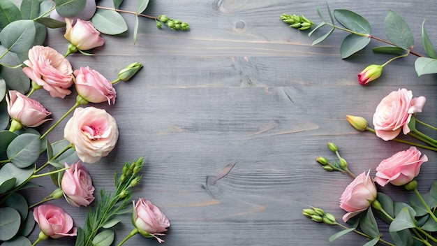 pink flowers on a wooden background with a heart shaped frame