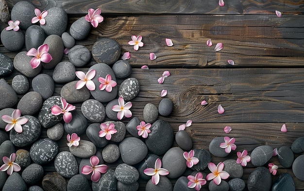 Pink Flowers on a Wooden Floor with a Central Pink Blossom