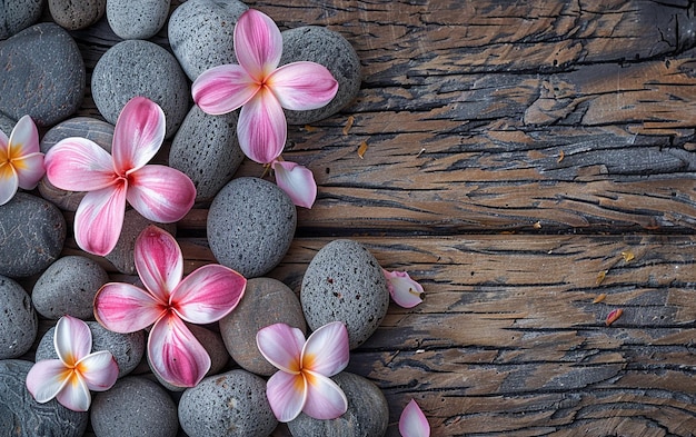 Photo pink flowers on a wooden floor with a central pink blossom