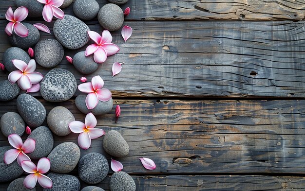 Photo pink flowers on a wooden floor with a central pink blossom