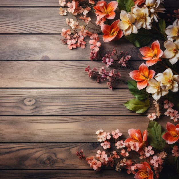 Pink flowers on a wooden table surface