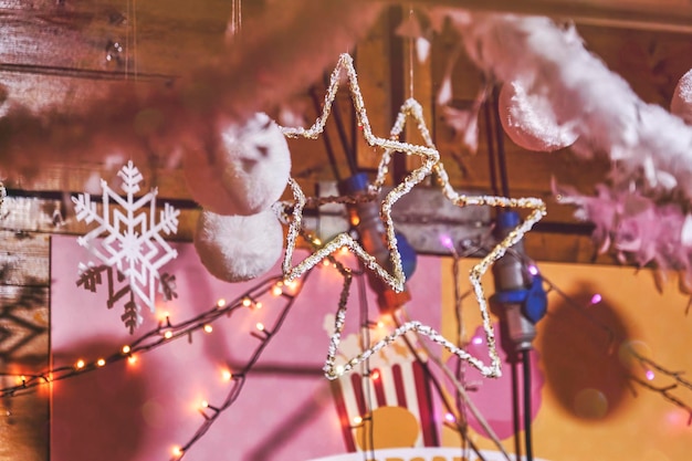 Pink Fluffy Christmas Balls and Gerland Balls Decorate Teen Girls Room During Christmas