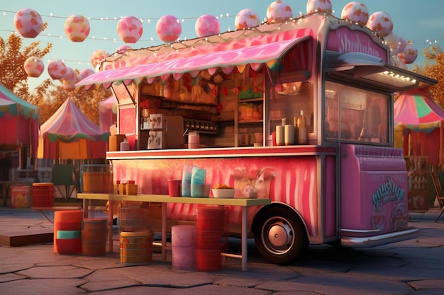 a pink food truck with a pink roof and a pink awning that says  the number 3