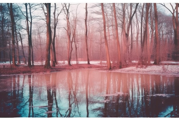 A pink forest with a lake in the background and the trees in the foreground.