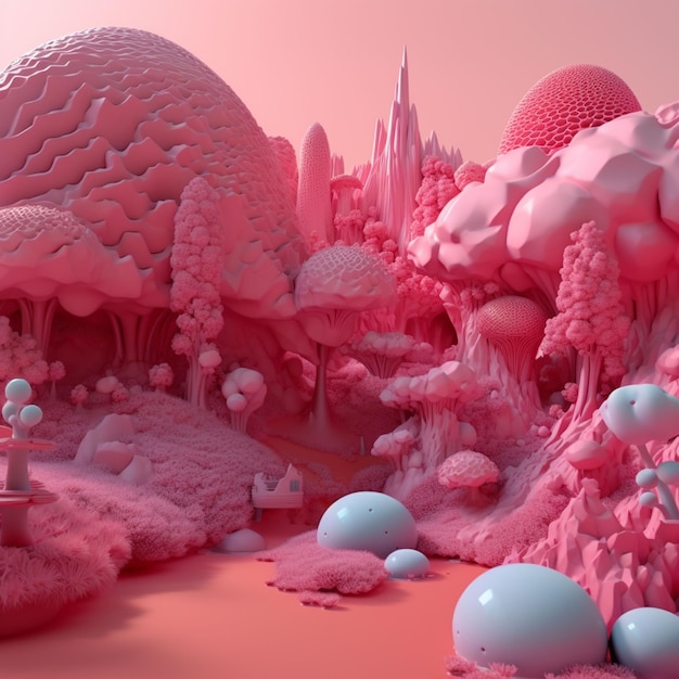 A pink forest with a small waterfall and a small bridge.