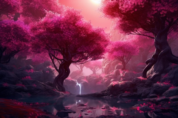 A pink forest with a waterfall and a tree with a lightning bolt on it.