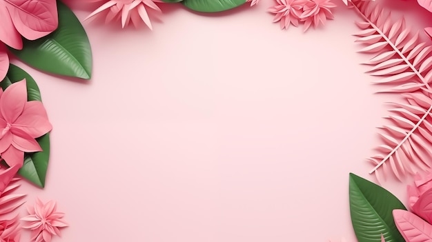 Pink frame banner with pink flowers and green leaves Spring elements with copyright space