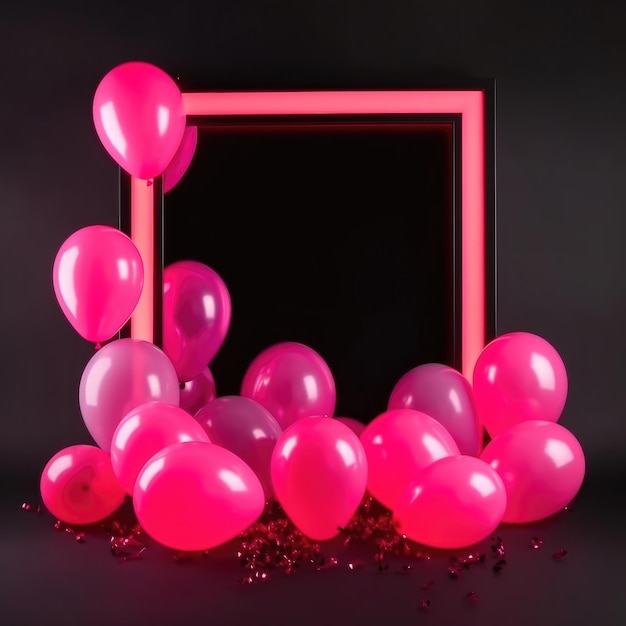 A pink frame with a black frame and pink balloons in the middle.