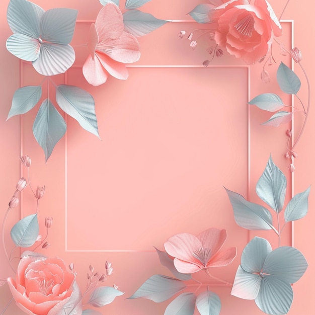 a pink frame with pink and green leaves and a pink flower