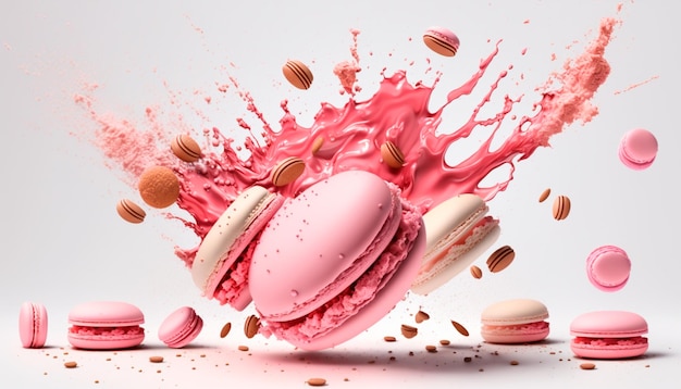 Pink french macarons flying in the air on pastel white background generative ai