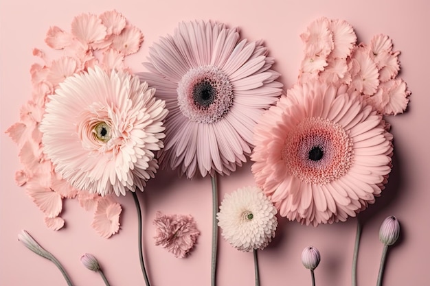 Pink fresh flowers on pastel pink background created with generative ai