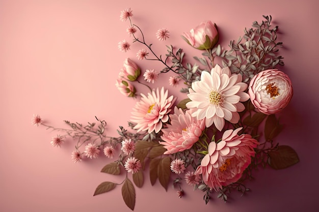 Pink fresh flowers on pastel pink background created with generative ai