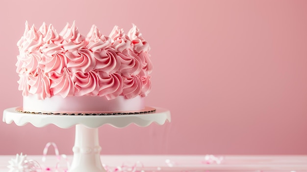 Photo pink frosted cake on white cake stand against pink background with sprinkles